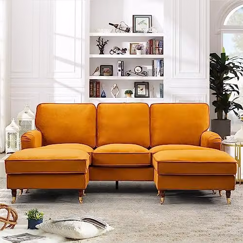 Artemis Home Woodbury U-Shaped Corner Sofa in Orange Velvet Fabric, Width: 218 cm