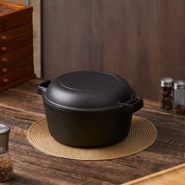 Living and Home 2 in 1 Cast Iron Dutch Oven and Skillet Lid Combo Cooker Pot in Black – 1