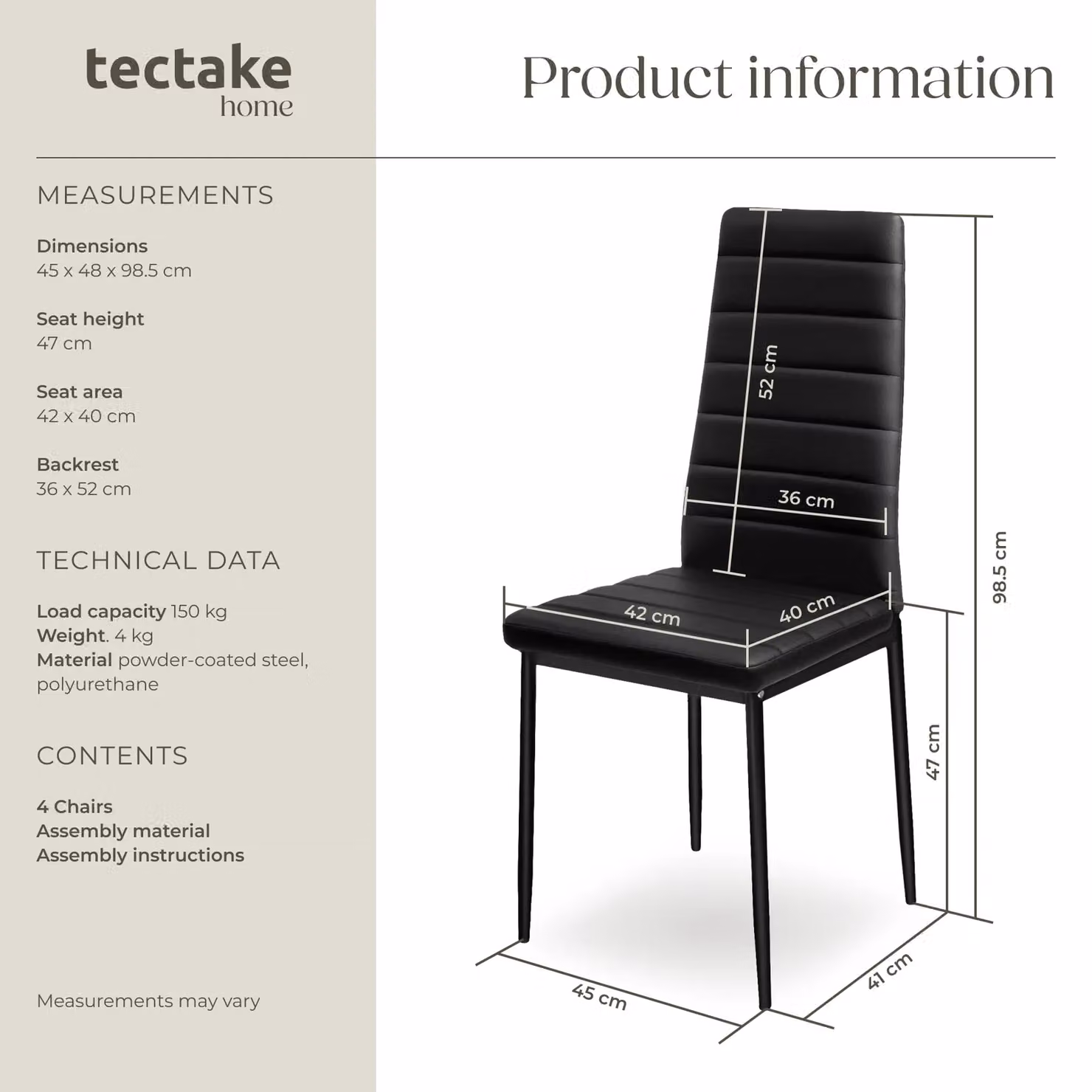 tectake Thomas Set of 4 Modern Dining Chairs in Black Synthetic Leather – 6
