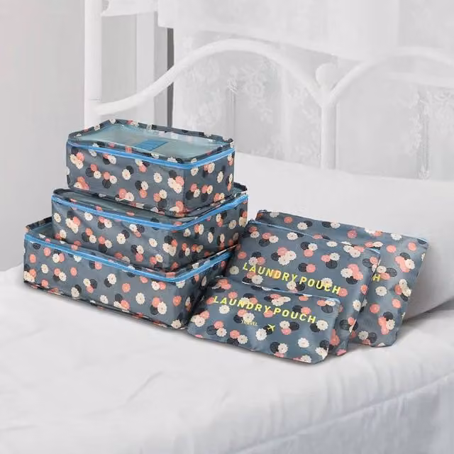 NESTLUNE Blue Flower 6-Piece Mesh Fabric Luggage Organiser Packing Cubes in Grey