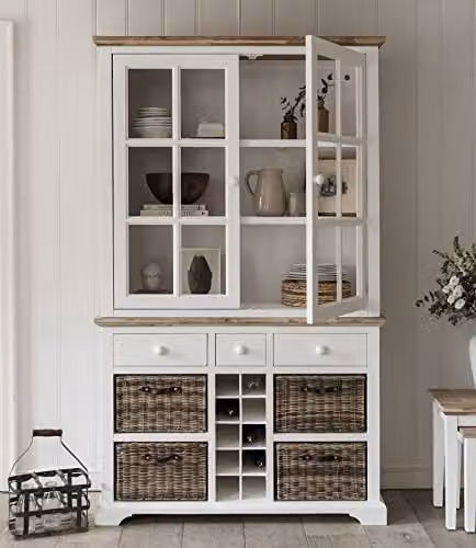 White Kitchen Display Cabinet with Wine Rack and Glass Doors, W: 120 cm, H: 200 cm, D: 42 cm