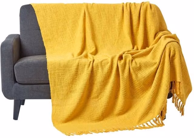 Homescapes Oriental Woven Cotton Throw with Fringes, Yellow, W/D/H: 200 x 150 cm