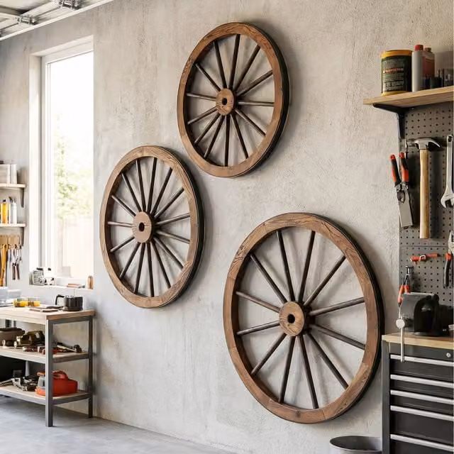 COSTWAY Set of 4 Vintage Brown Decorative Hanging Wagon Wheels in Wood and Metal
