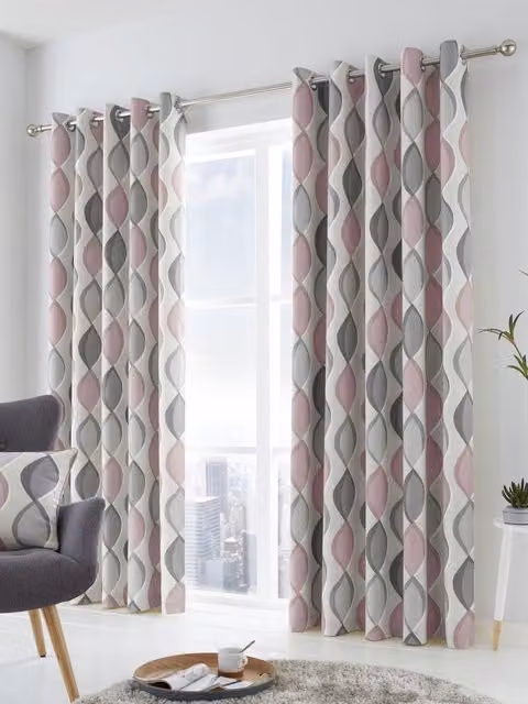 Fusion Lennox Modern Geometric Print Eyelet Curtains in Pink and Grey, Width: 168 cm, Height: 229 cm
