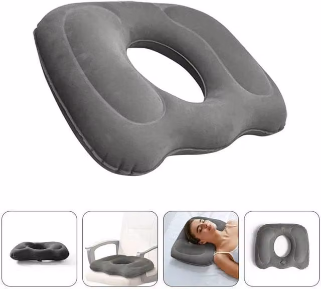 Kelvenix Inflatable Round Donut Ring Cushion in Grey Velours, W: 100 cm, L: 190 cm