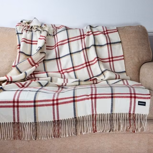 Craggi Checked Throw Sofa Blanket with Fringes in Red, Blue and Cream