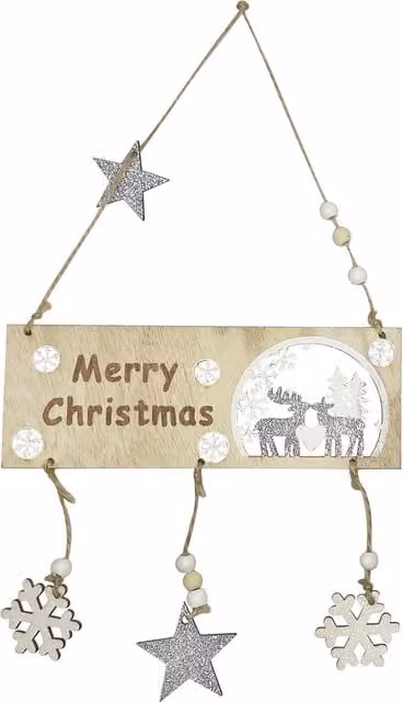 Neel Blue Wooden Merry Christmas Hanging Sign with Reindeer Design, W/D/H: 20 x 17 x 2 cm