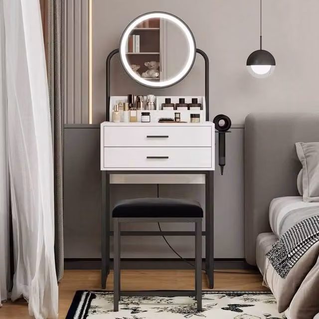 EONLION Modern White Dressing Table Set with Hollywood LED Mirror and 2 Drawers, Width: 100 cm