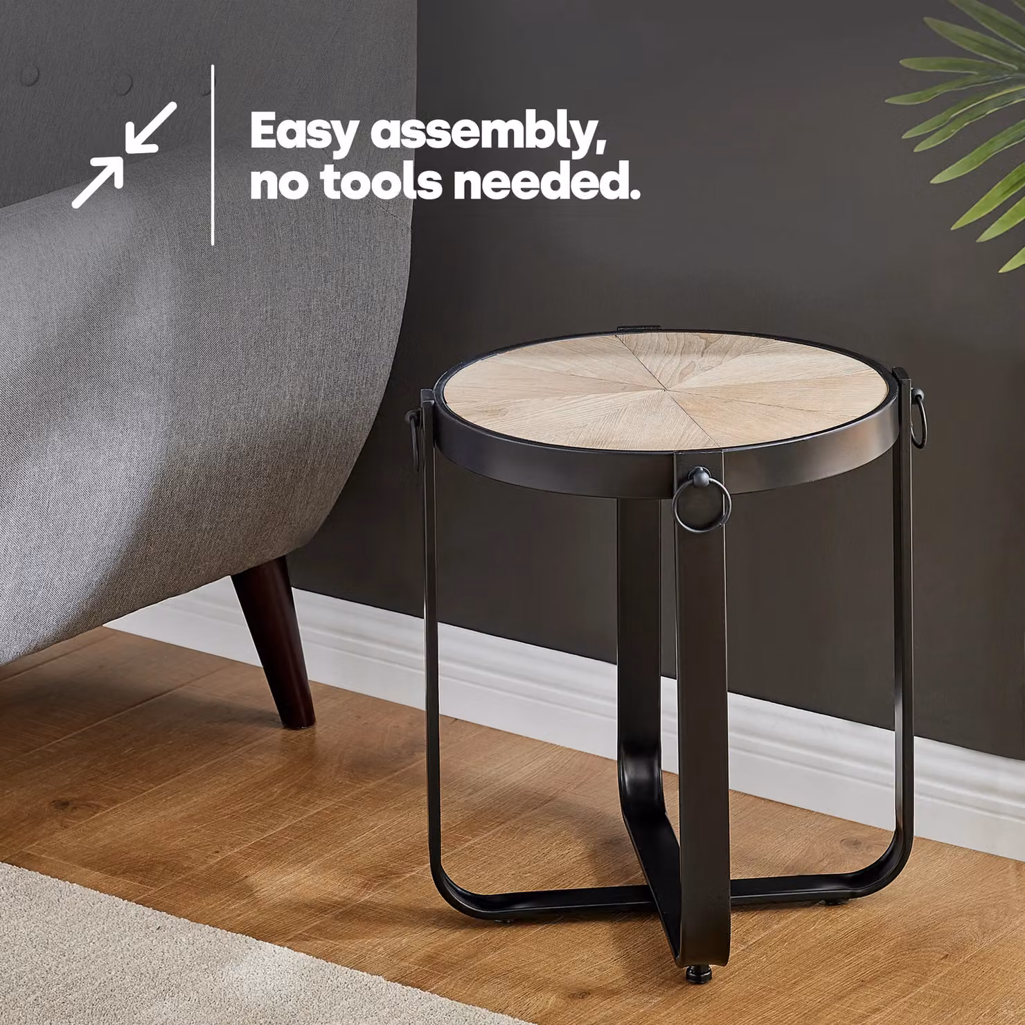 LIVIVO Kori Manchurian Ash Side Table with Industrial Metal Frame in Natural, W/D/H: 48 x 40 x 40 cm – 3