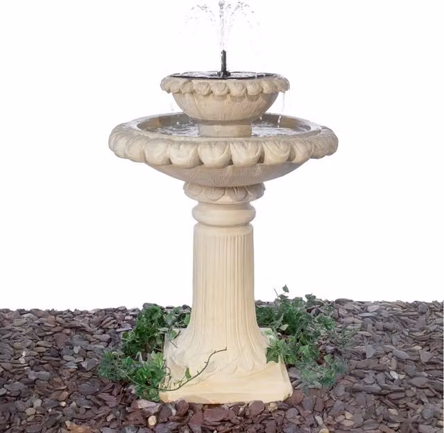 Primrose Victoriana Solar Powered Round Cast Stone Bird Bath Fountain in Yellow and Beige