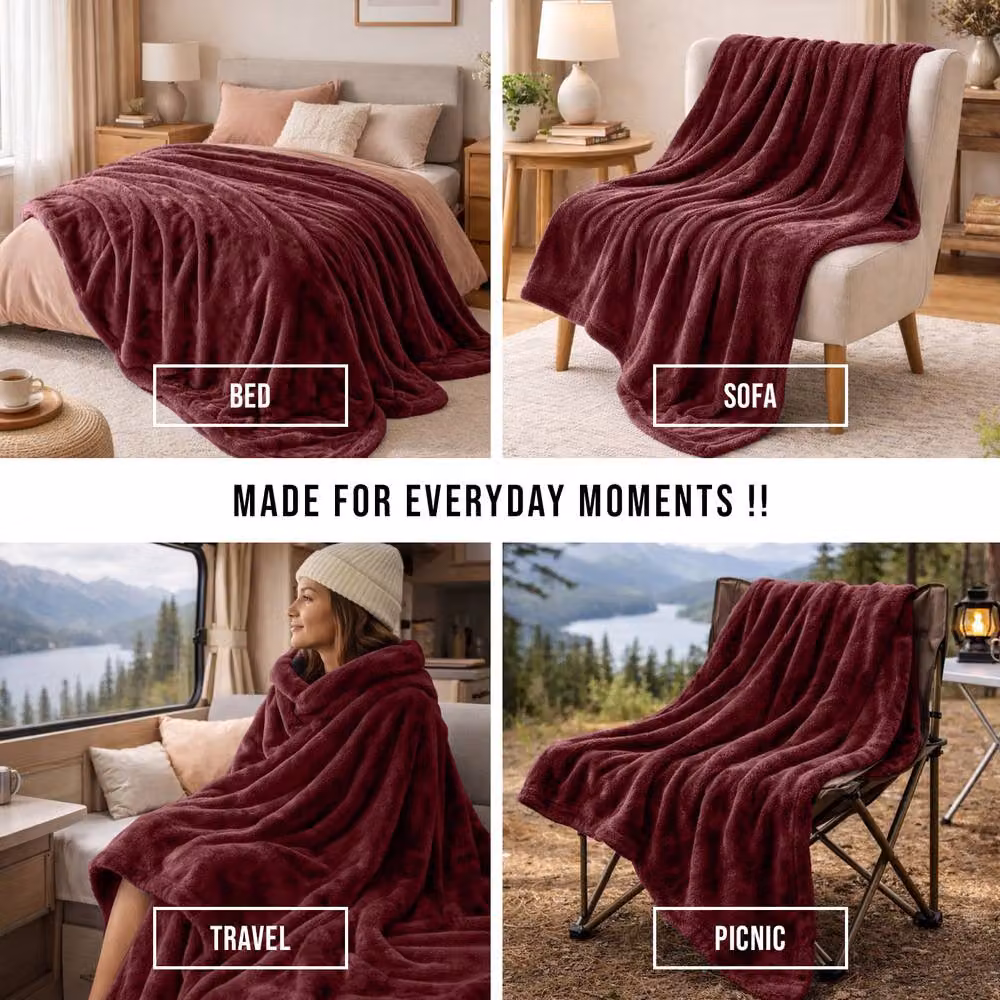 Pamposh Reversible Flannel Fleece Blanket and Throw in Burgundy – 8