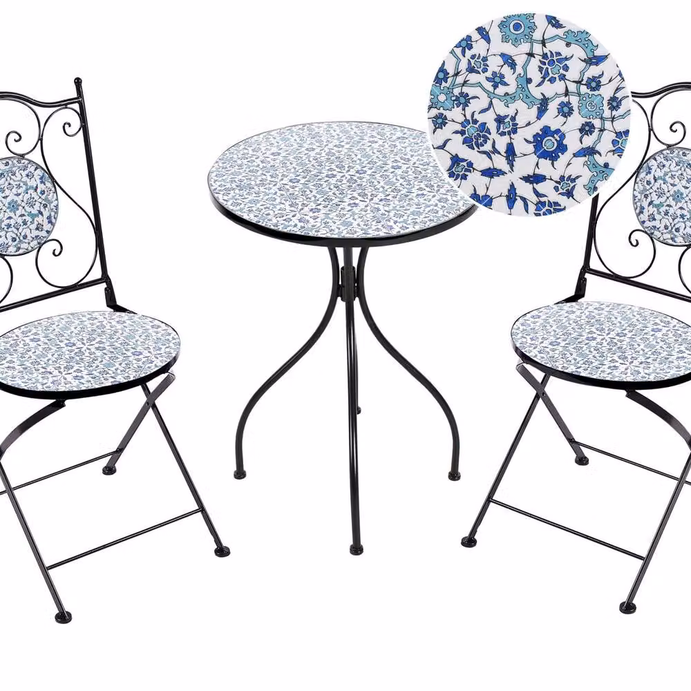 Wyld and Coco Black Metal Bistro Set with Round Ceramic Floral Table and Two Foldable Chairs – 2