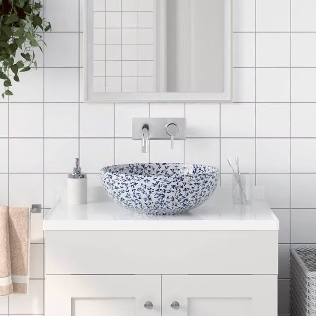 Berkfield Home Round Ceramic Countertop Basin in White and Blue, Diameter: 41 cm, Height: 14 cm