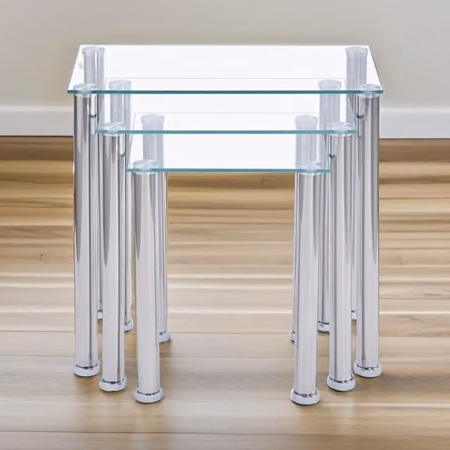 Pirlo Plush 3 Piece Glass Nesting Tables in Silver and Transparent