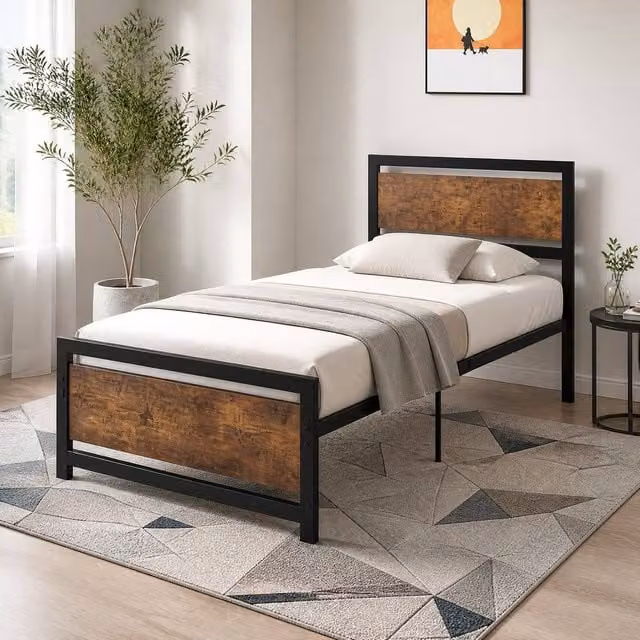 STILVORA Single Industrial Metal Bed Frame in Brown and Black