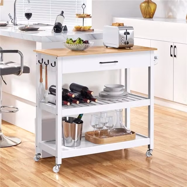 Yaheetech Compact Rolling Kitchen Island Cart with Drawer in White Lacquered Wood and MDF
