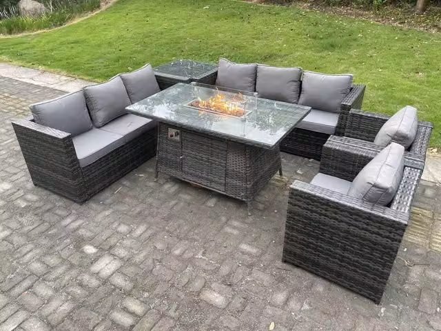 Fimous 8 Seater Outdoor Rattan Gas Fire Pit Table Set with Lounge Chairs in Dark Grey