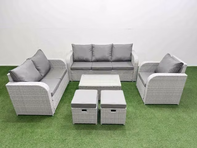 Fimous Patio 8 Seater Grey Rattan Outdoor Furniture Set with Coffee Table, 3 Seater Sofa, Loveseat, Reclining Chairs and Ottoman