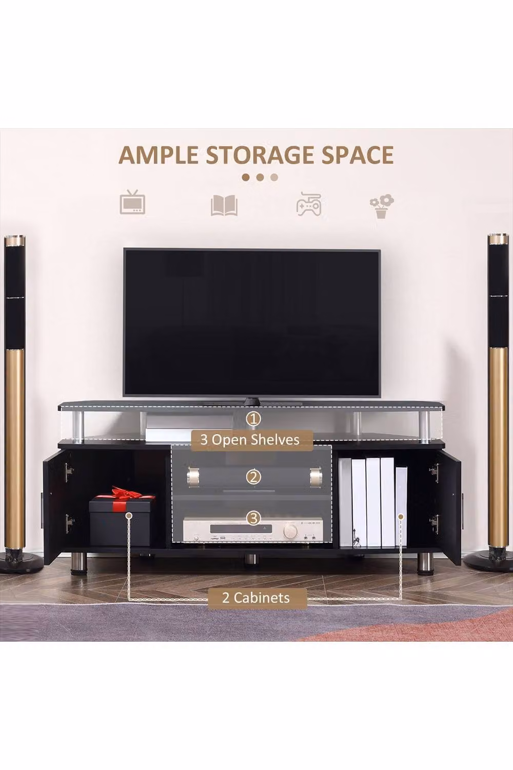 ERGOVEXA Modern Black Metal TV Unit Cabinet with Storage Shelves, W: 120 cm, D: 39.5 cm, H: 52 cm – 2
