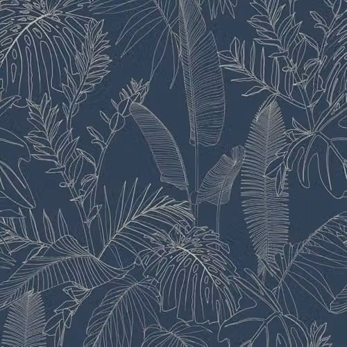 Grandeco Galapalos Sketch Leaf Sprig Foliage Blown Vinyl Wallpaper, Navy Blue and Green