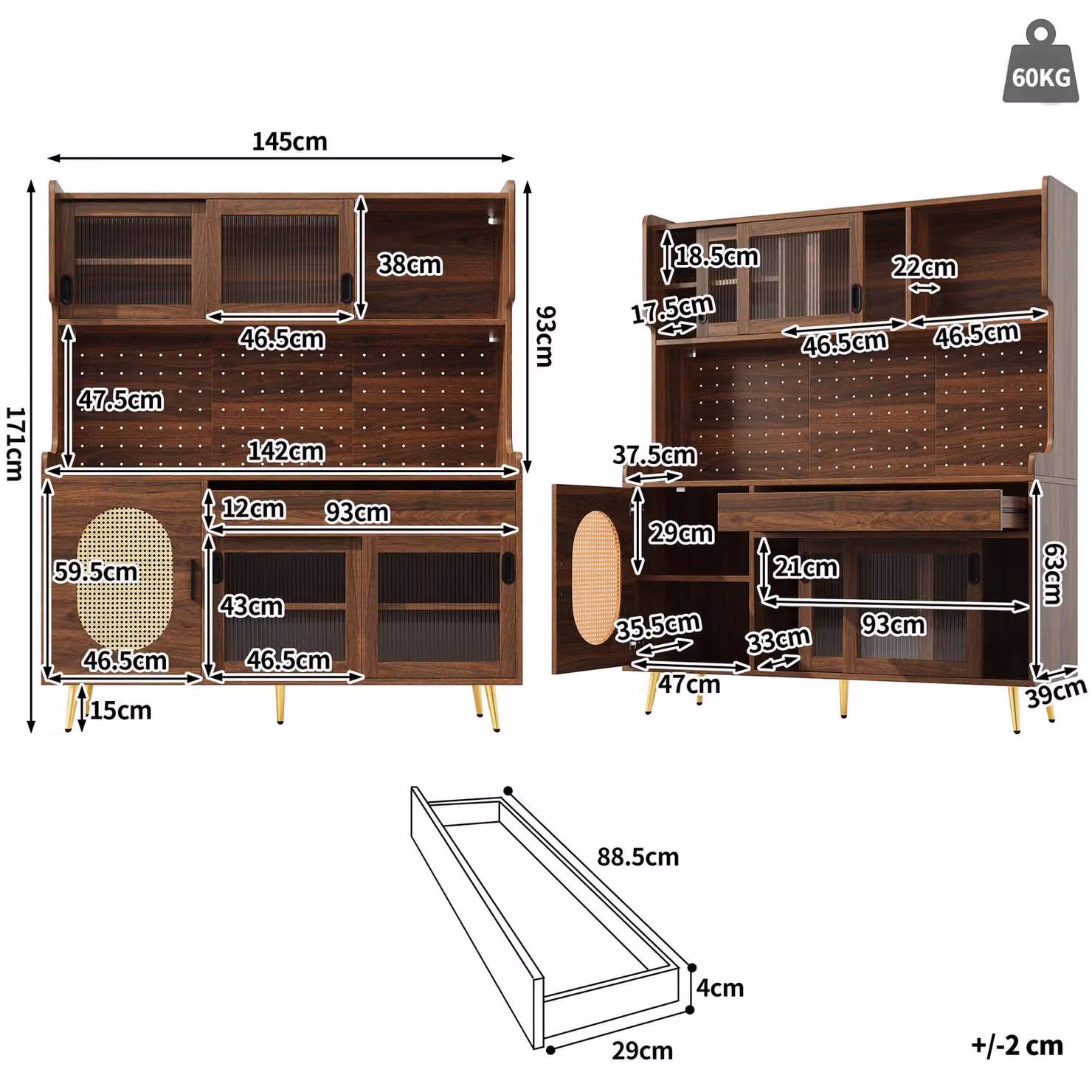 Aosom UK Country Style Sideboard with App-Controlled LED Light Strip, Brown, W: 145 cm, D: 39 cm, H: 171 cm – 3