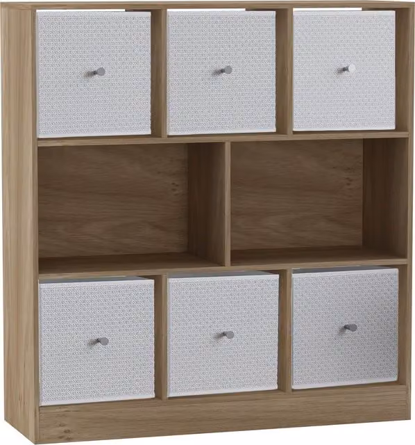 URBNLIVING 8 Oak Cube Bookcase with 6 White Fabric Storage Drawers