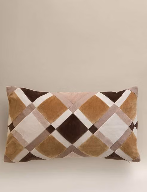 M&S Velvet Geometric Patchwork Bolster Cushion in Beige and Multicolour