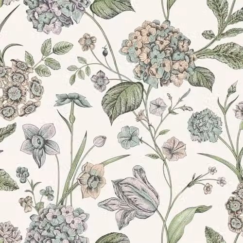 Rasch Hydrangea Floral Hand-Drawn Effect Wallpaper in Cream and Multicolour – 1