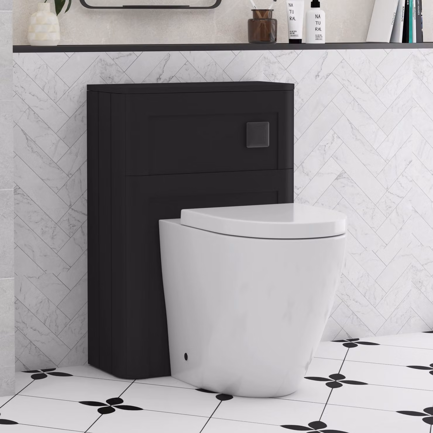 Royal Bathrooms Henley Wall Mounted WC Unit in Matt Nocturne Black with Elva Rimless Short Projection Toilet Pan, Seat and Cistern, Width: 55 cm