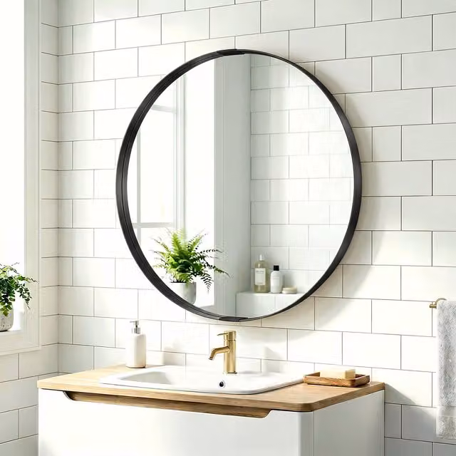 HOMCOM Modern Round Wall Mounted Bathroom Mirror in Black, 61 cm Diameter