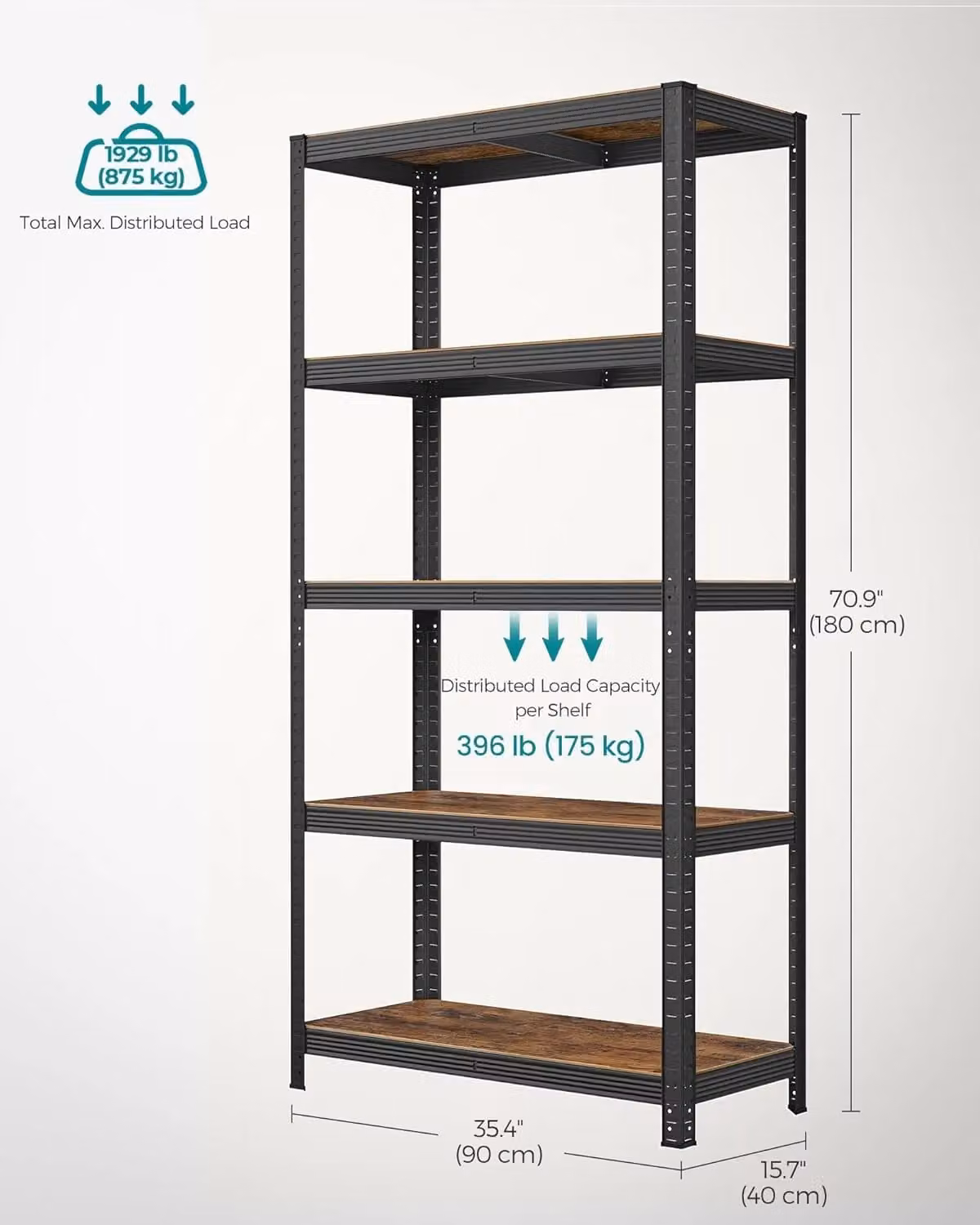 SONGMICS Heavy Duty Steel Shelving Unit with 5 Tool Free Tiers, Dark Brown, H: 180 cm, W: 90 cm – 2