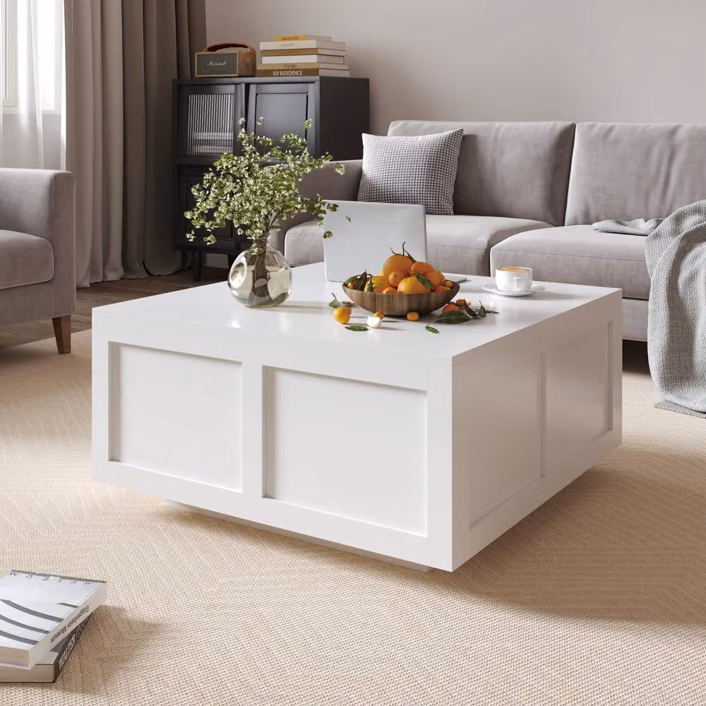 KEEPREAPER Modern Square Lift Top Coffee Table with Hidden Storage in White – 2