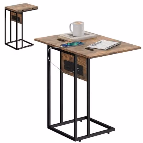 HOMCOM C Shaped Side Table with Charging Station in Rustic Brown and Black