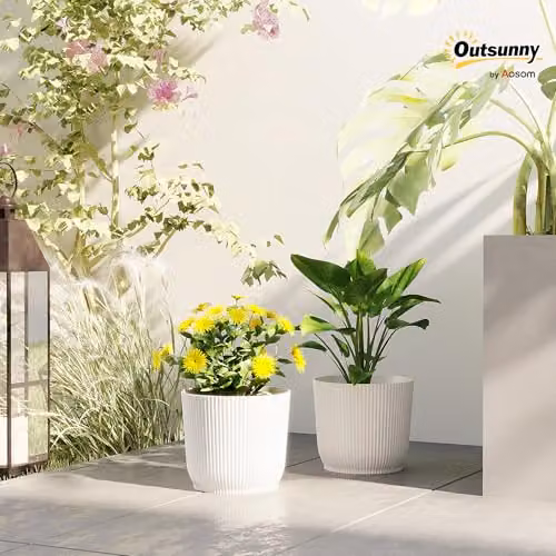 Outsunny Set of 2 White Plastic Round Plant Pots and Garden Planters, Diameter: 22 cm – 2