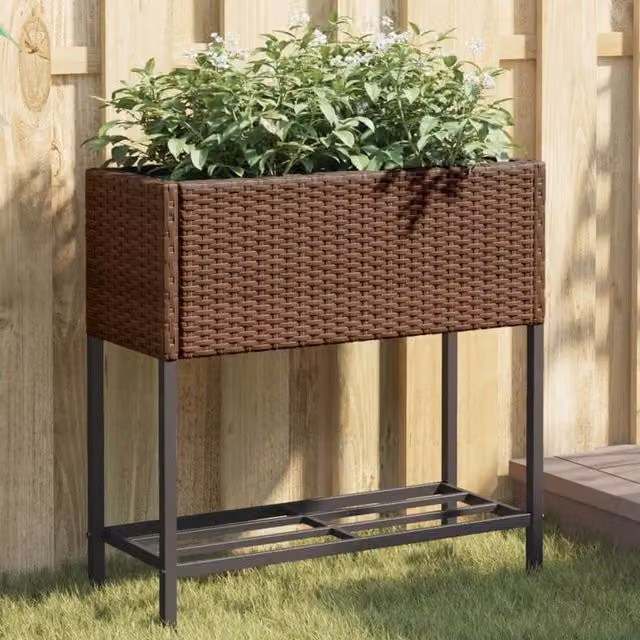 Berkfield Home Garden Planter with Shelf in Brown Poly Rattan – 1