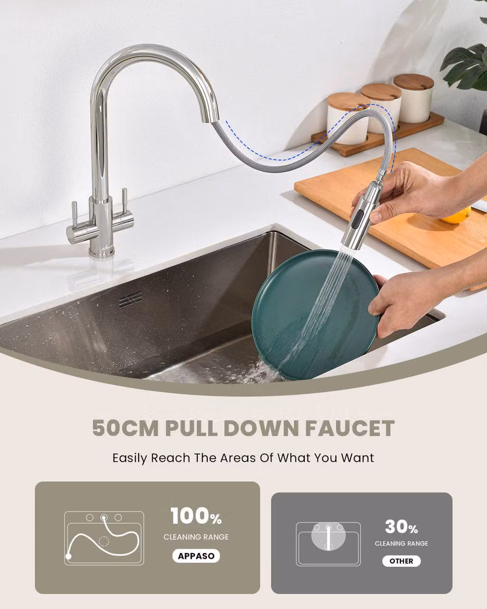 Appaso Dual Lever Kitchen Tap with 2-Mode Pull Out Sprayer in Silver Chrome – 3
