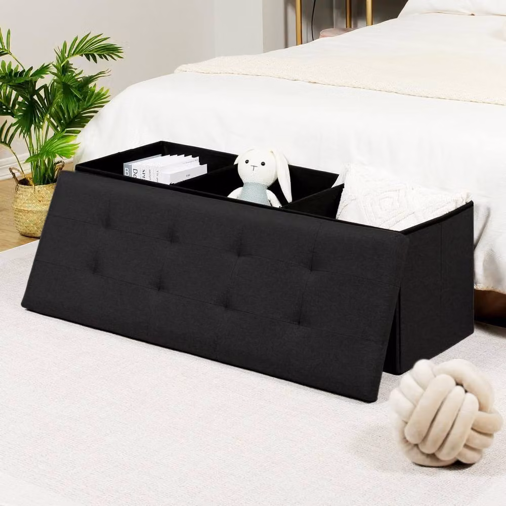 Dprodo Linen Folding Storage Ottoman and Foot Rest Stool in Black, W/D/H: 110 x 38 x 38 cm – 2