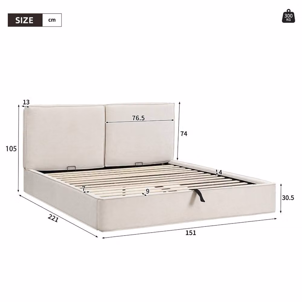Rolipo Double Ottoman Storage Bed in Beige Upholstered Chenille, W/D/H: 140 x 200 cm – 2