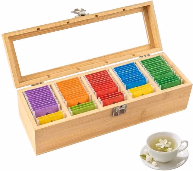 VOGREX Bamboo Multi-Compartment Tea and Spice Storage Box in Beige – 1