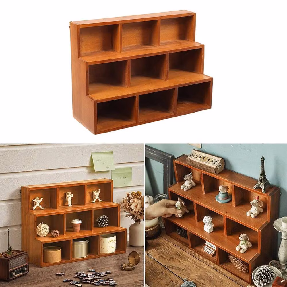KORVIXA Retro Brown Wooden Ladder Storage Display Cabinet with Internal Shelves and Open Shelf Doors – 4