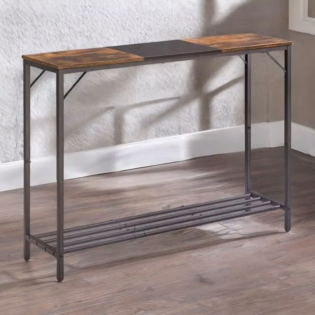 FURNOS 2-Tier Industrial Rustic Console Table with Metal Frame in Brown and Black – 1