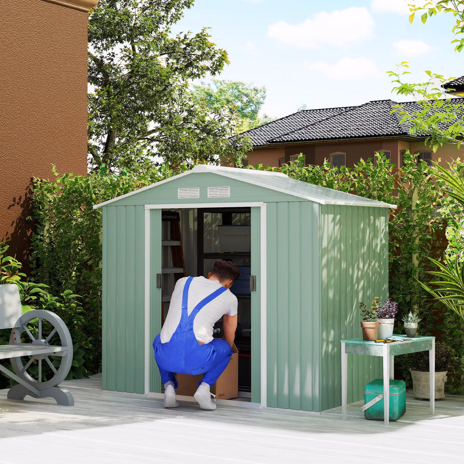 Outsunny Galvanised Steel Pent Garden Shed with Lockable Double Doors and Side Vent, Light Green, W: 210 cm, D: 120 cm, H: 185 cm – 7