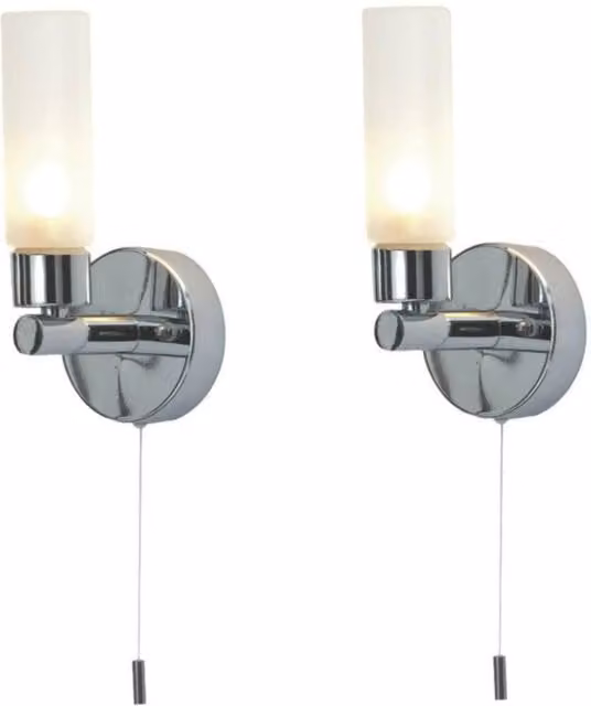 First Choice Lighting Set of 2 Polished Chrome IP44 Bathroom Pull Cord Wall Lights in Silver