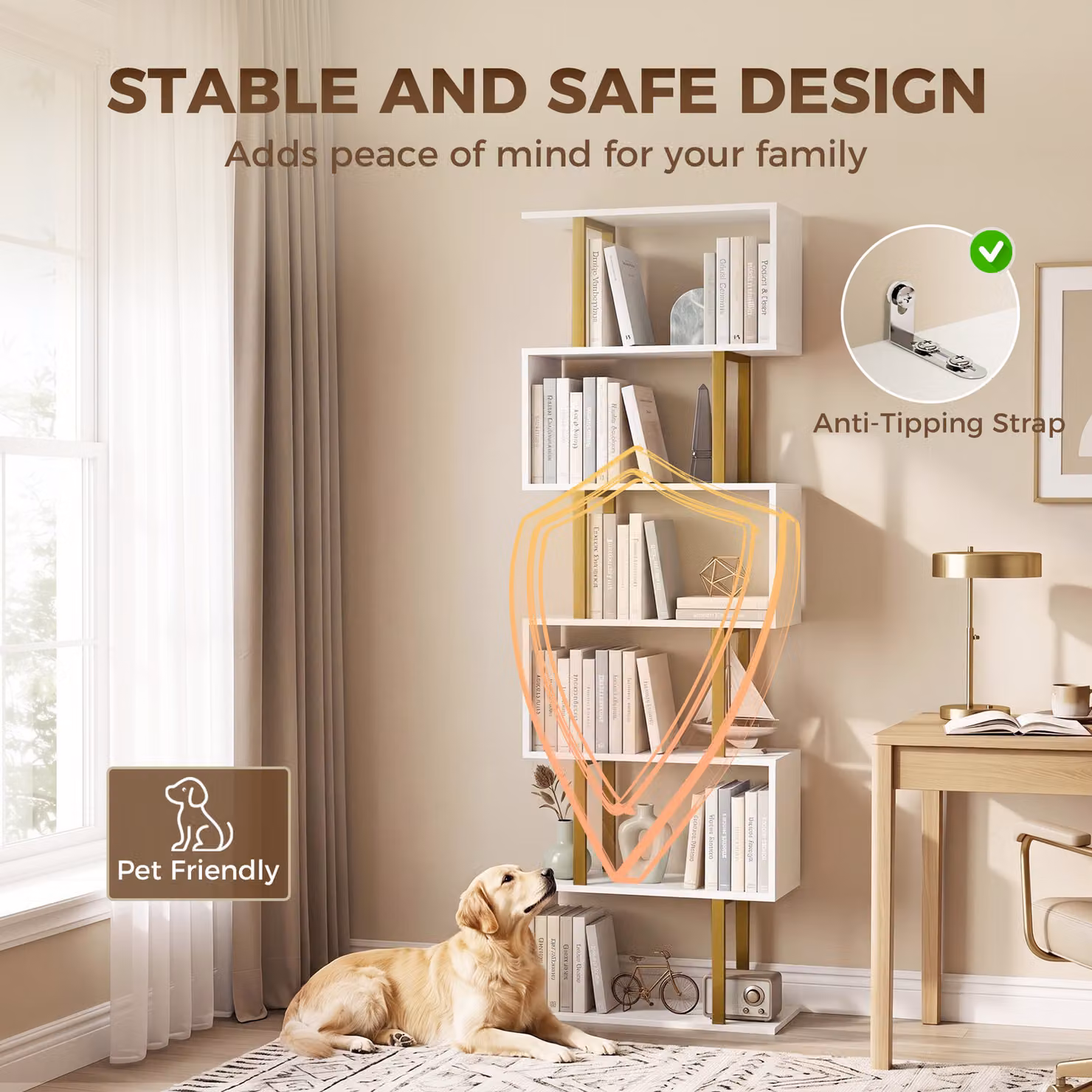 HOMCOM Industrial Freestanding Bookshelf in White and Gold, H: 188 x W: 60 x D: 23.5 cm – 3