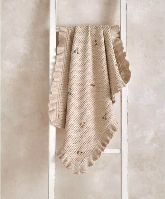 Mamas & Papas Knitted Cotton Baby Blanket with Fringes in Floral Berry Frill
