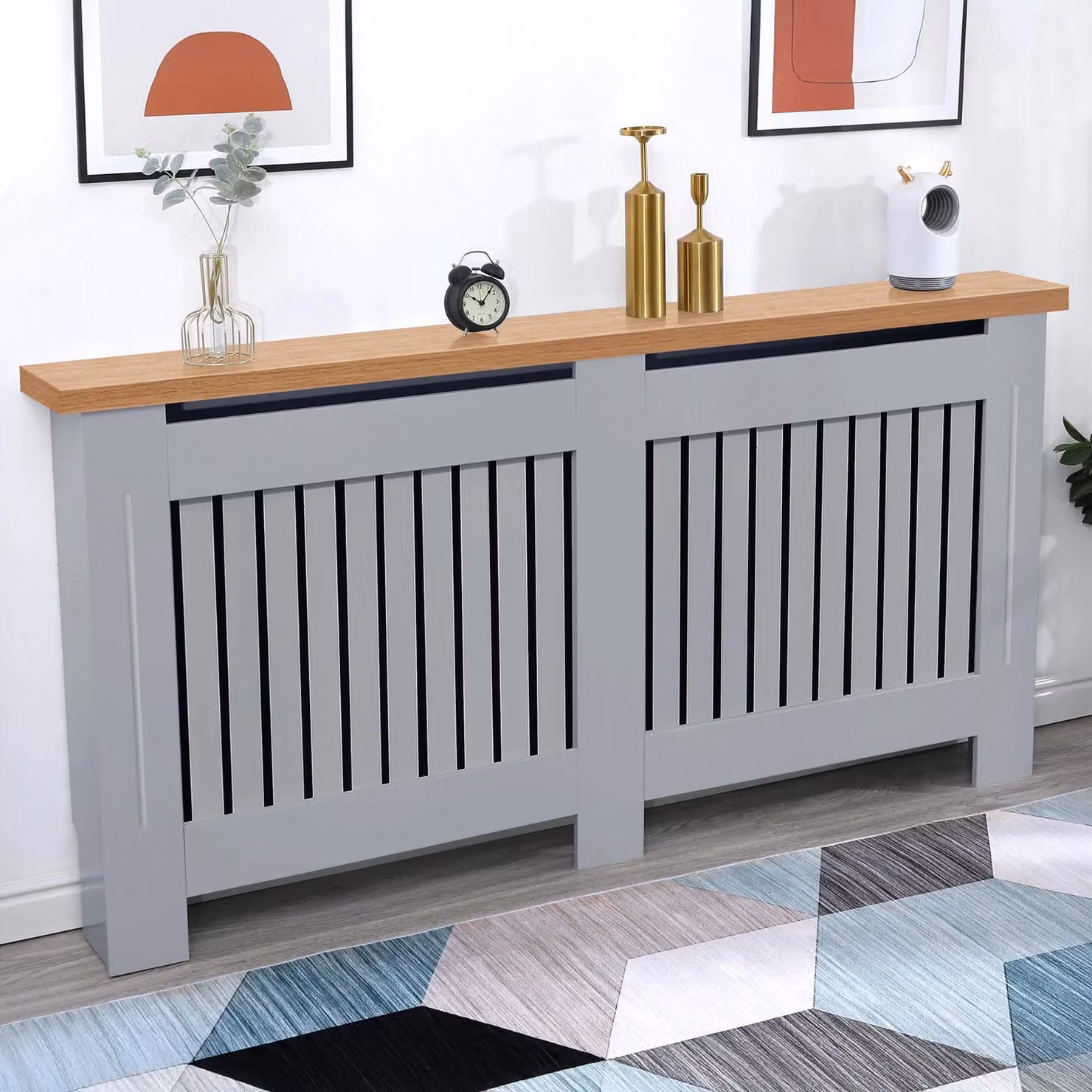 DHS Extra Large Radiator Cover with Oak Top in Grey with Vertical Slatted Design