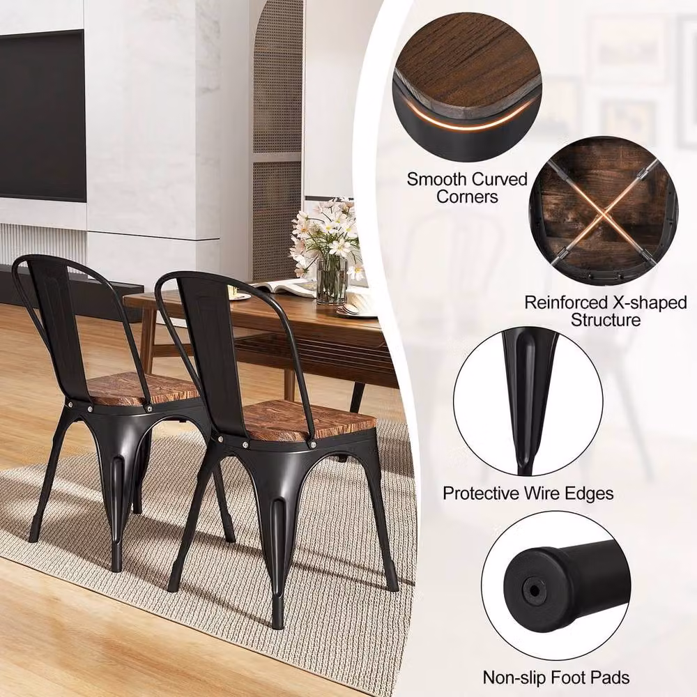 KORVIXA Set of 4 Stackable Industrial Metal and Wood Dining Chairs in Black – 3