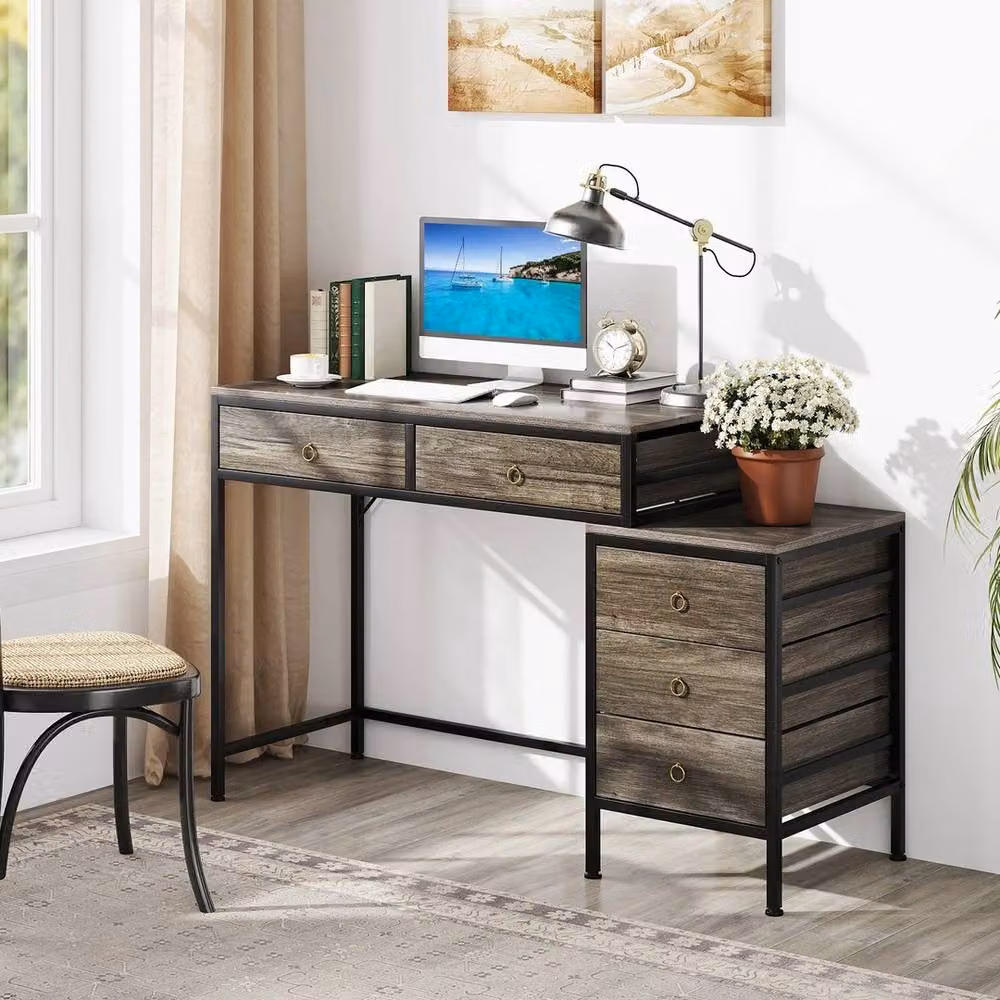 VOGREX Grey and Black Industrial Computer Desk Workstation with Dual Pedestal and 5 Storage Drawers – 3