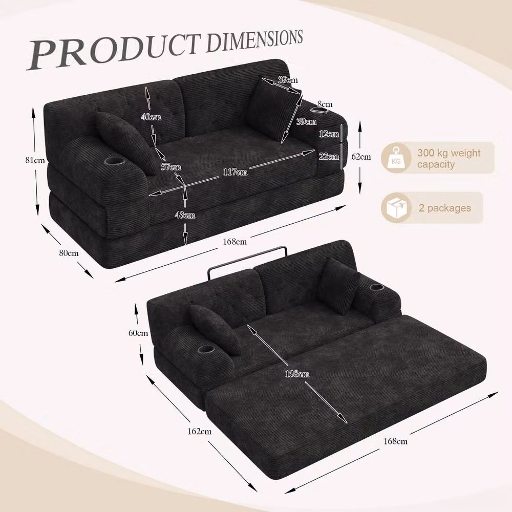 Rolipo Black Corduroy 2-Seater Sleeper Sofa with High Back and Cup Holders – 2