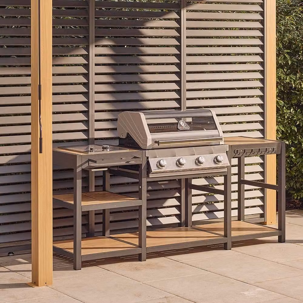 Leisure Grow Savannah Hybrid Outdoor Kitchen with 4 Burners, Side Burner, Warming Rack and Thermometer in Charcoal and Oak